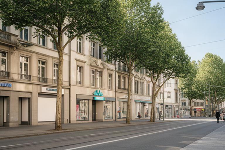 Strassenansicht der Badenerstrasse in Zürich Kreis 4 mit Geschäftshäusern und Bäumen im Tageslicht