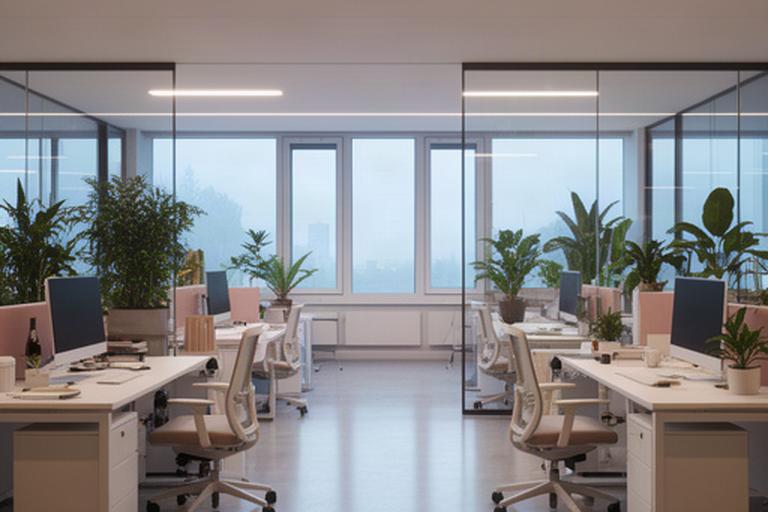 Aufgeräumtes Zürcher Büro mit Schreibtischen, Pflanzen und grossen Fenstern nach der abendlichen Unterhaltsreinigung